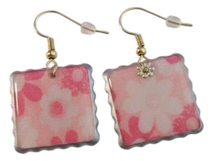 Pink Floral Square Drop Earrings