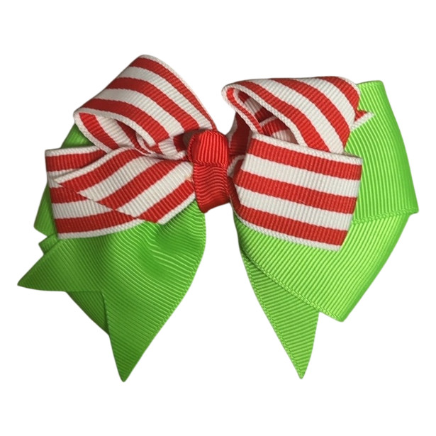 Christmas Hair Bow – Red Stripe &amp; Lime Green Grosgrain