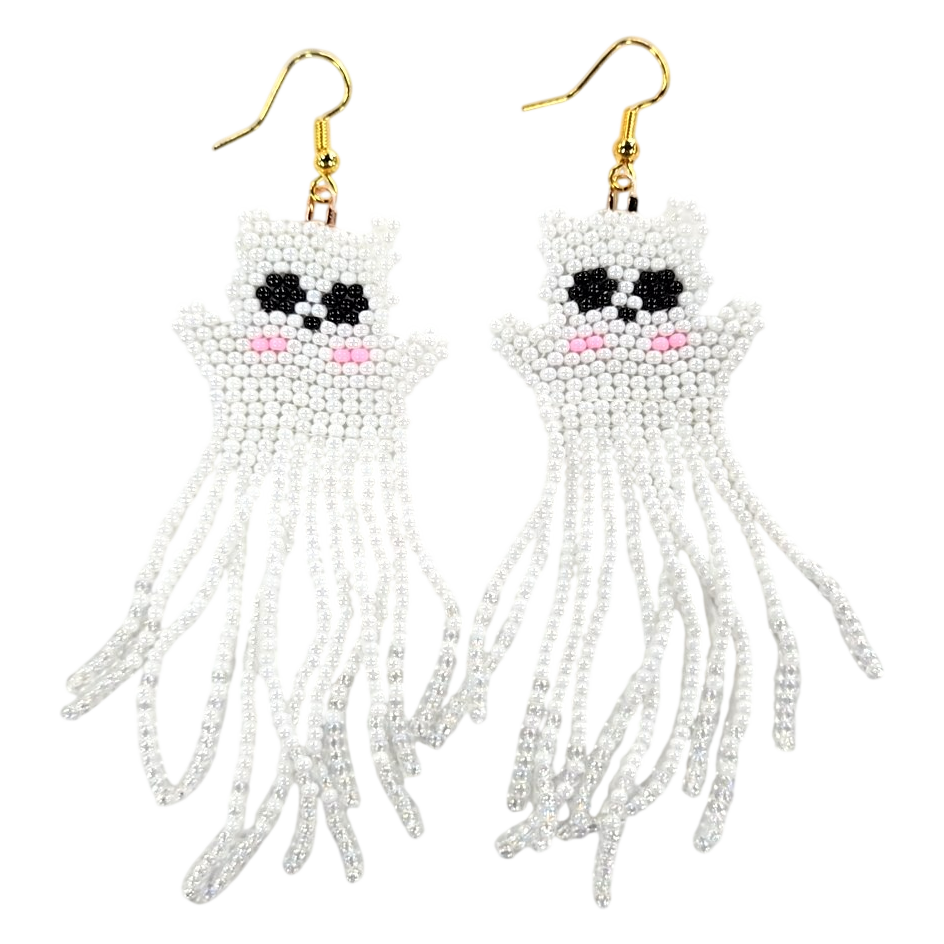 White Ghost Beaded Fringe Halloween Dangle Earrings