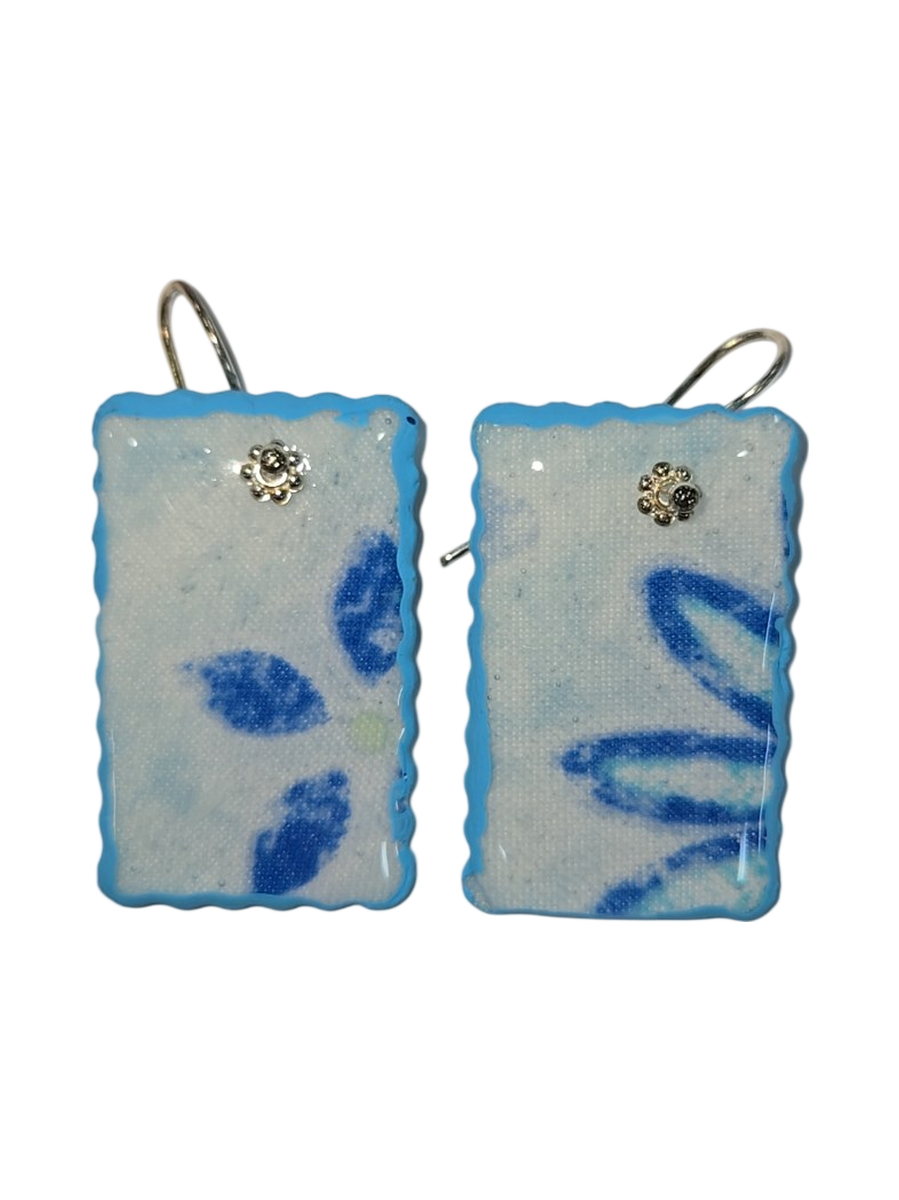 Handmade Blue Floral Fabric &amp; Resin Rectangle Earrings