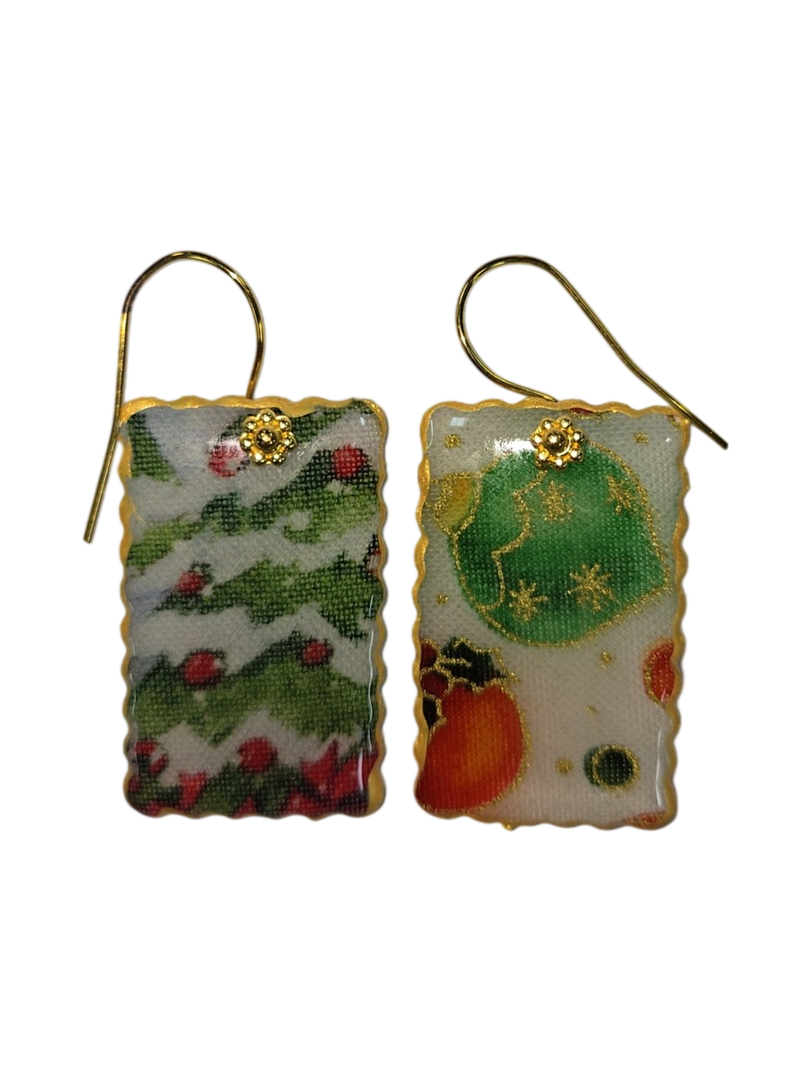 Handmade Christmas Holiday Fabric &amp; Resin Drop Earrings