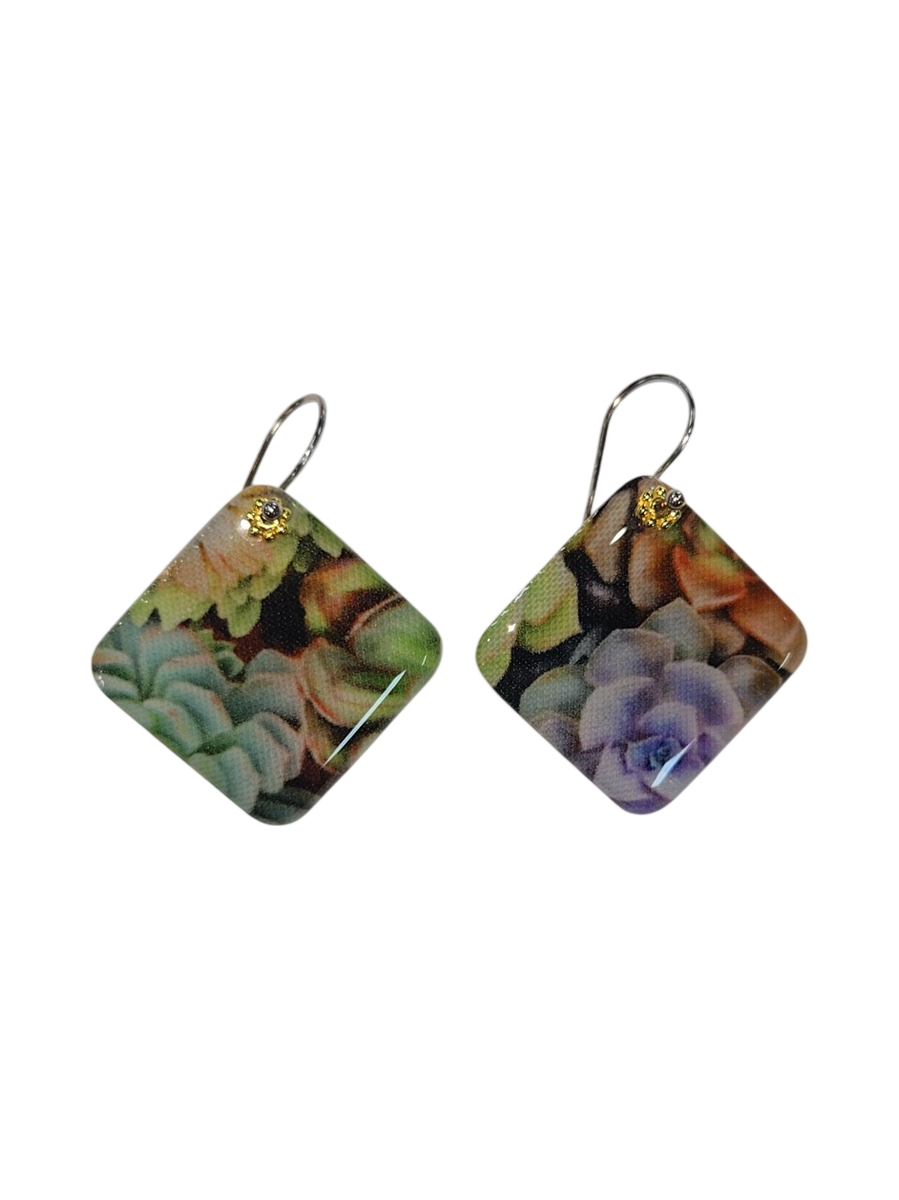 Succulent Garden Fabric &amp; Resin Diamond Drop Earrings