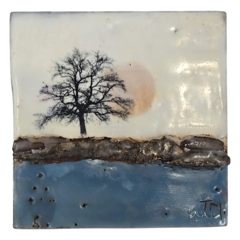 Encaustic Art Tile – Winter Tree &amp; Moon Landscape by Trish McFerran
