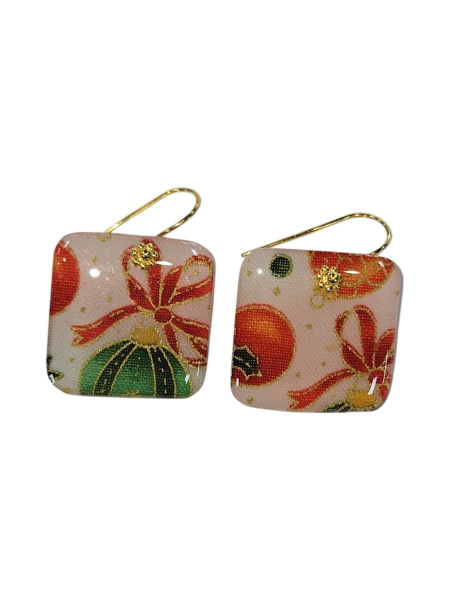 Christmas Ornament Print Fabric &amp; Resin Square Drop Earrings