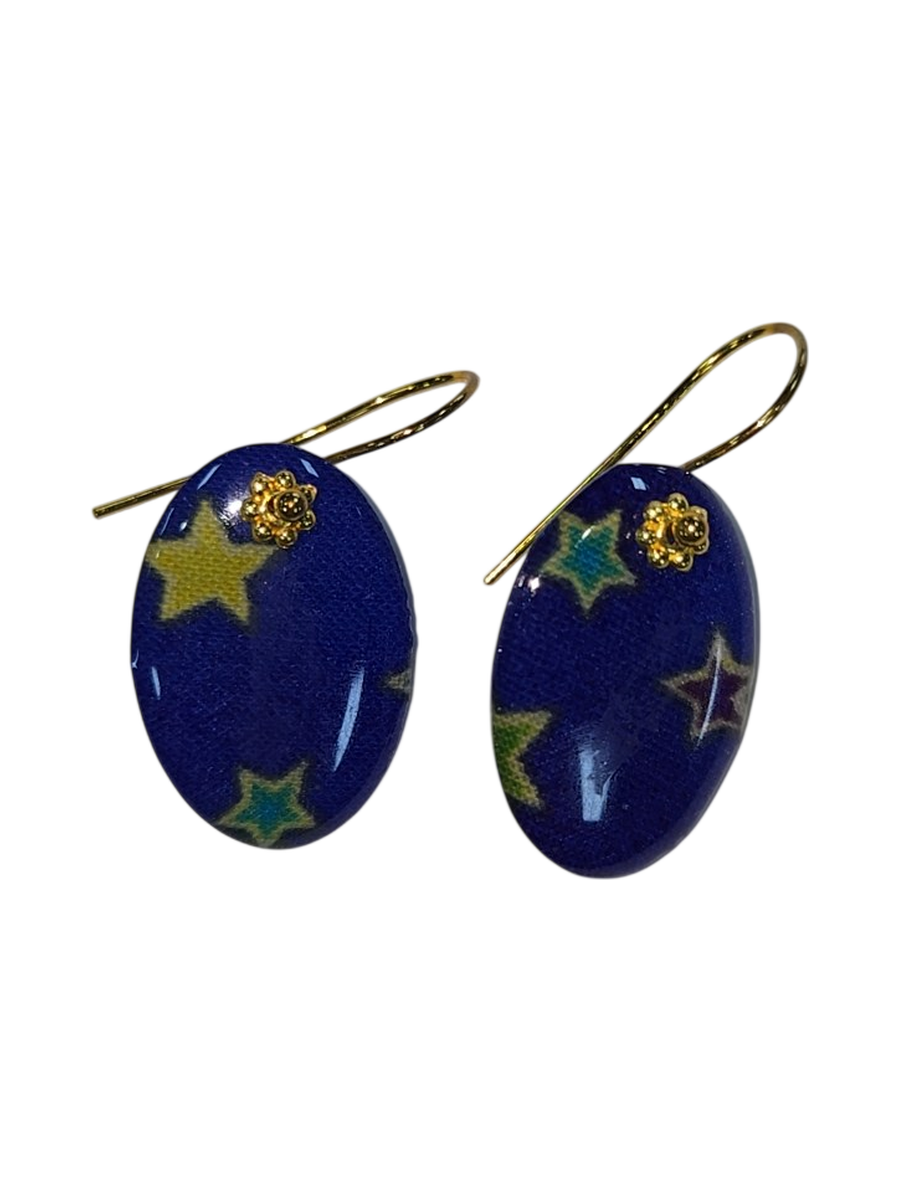Handmade Blue Star Oval Fabric &amp; Resin Drop Earrings