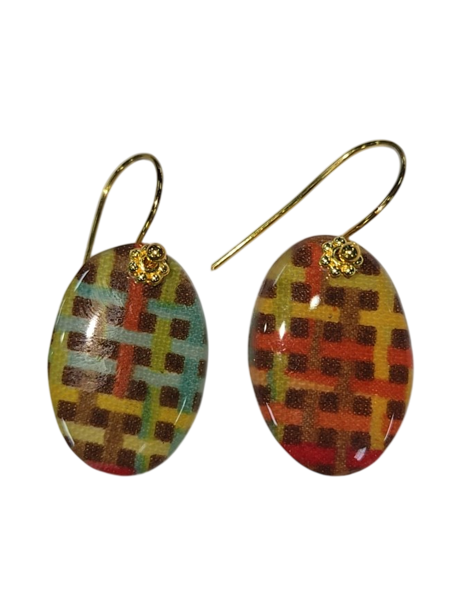 Handmade Plaid Fabric &amp; Resin Oval Drop Earrings