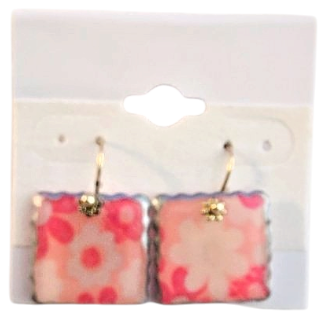 Pink Floral Square Drop Earrings