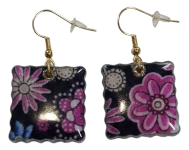 Handmade Floral Fabric &amp; Resin Square Drop Earrings