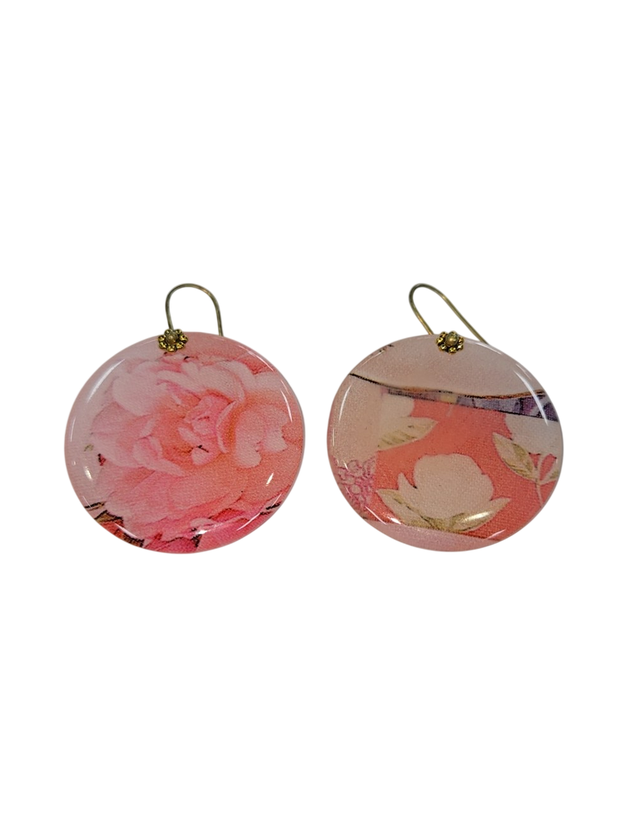 Floral Pink Rose Round Drop Earrings – Fabric &amp; Resin