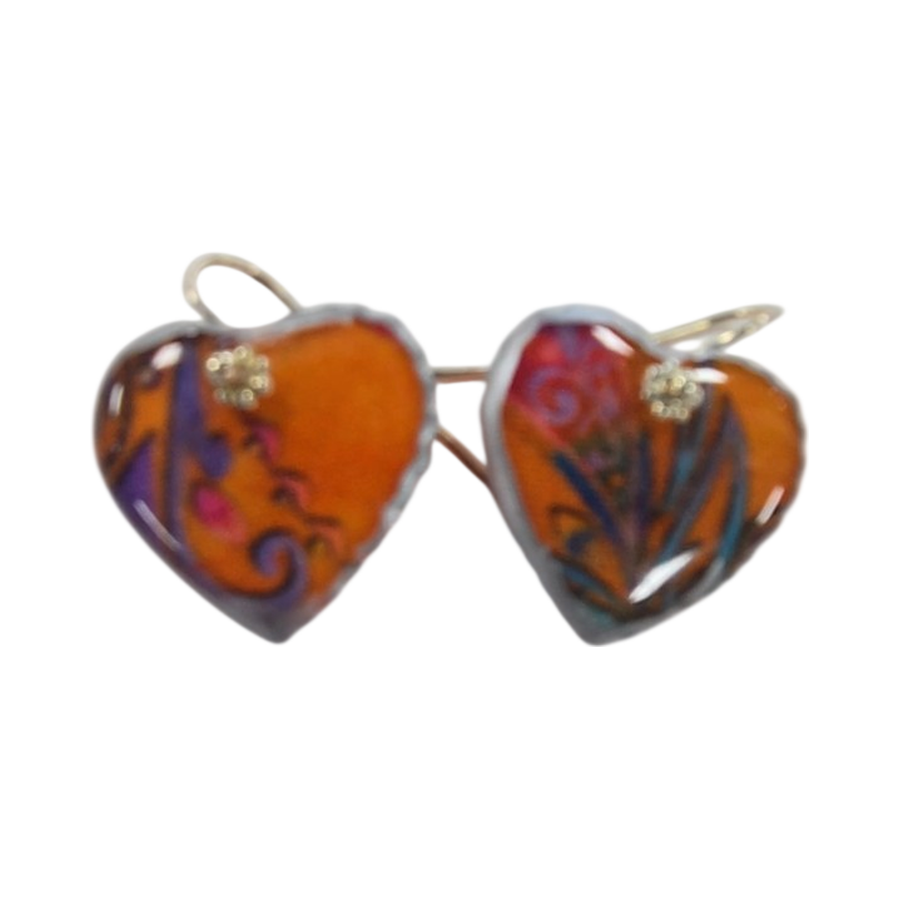 Handmade Heart Earrings – Orange Floral Resin &amp; Fabric