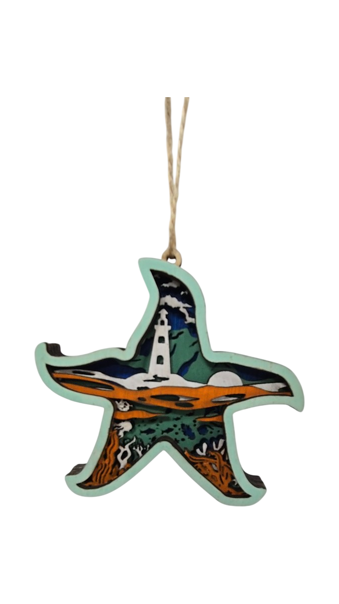 Starfish Lighthouse Layered Wood Magnetic Ornament