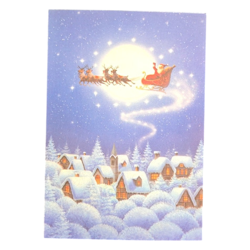 Santa Sleigh Flying Over Snowy Village Christmas Card