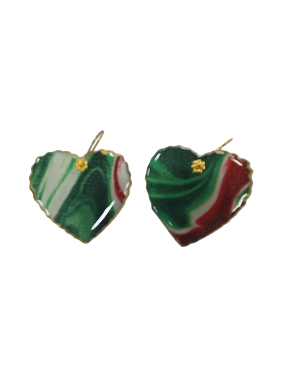 Marbled Heart Earrings – Green &amp; Red Fabric Resin