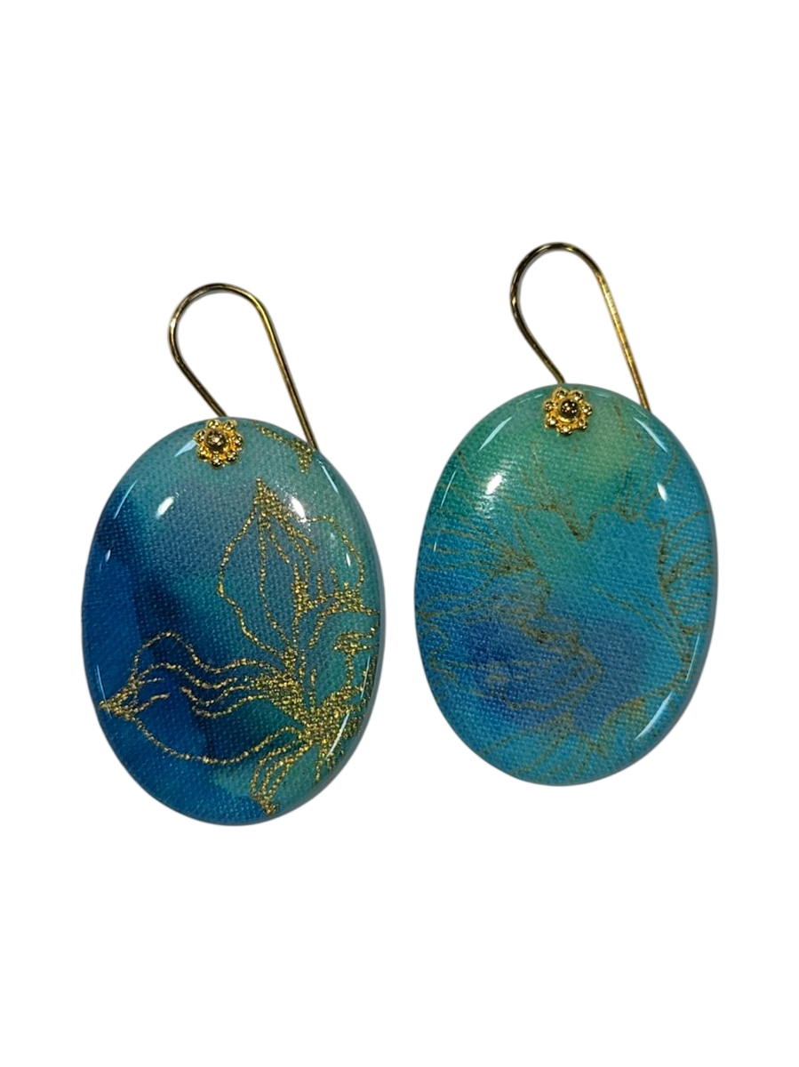 Handmade Fabric &amp; Resin Oval Drop Earrings – Teal &amp; Gold Butterfly