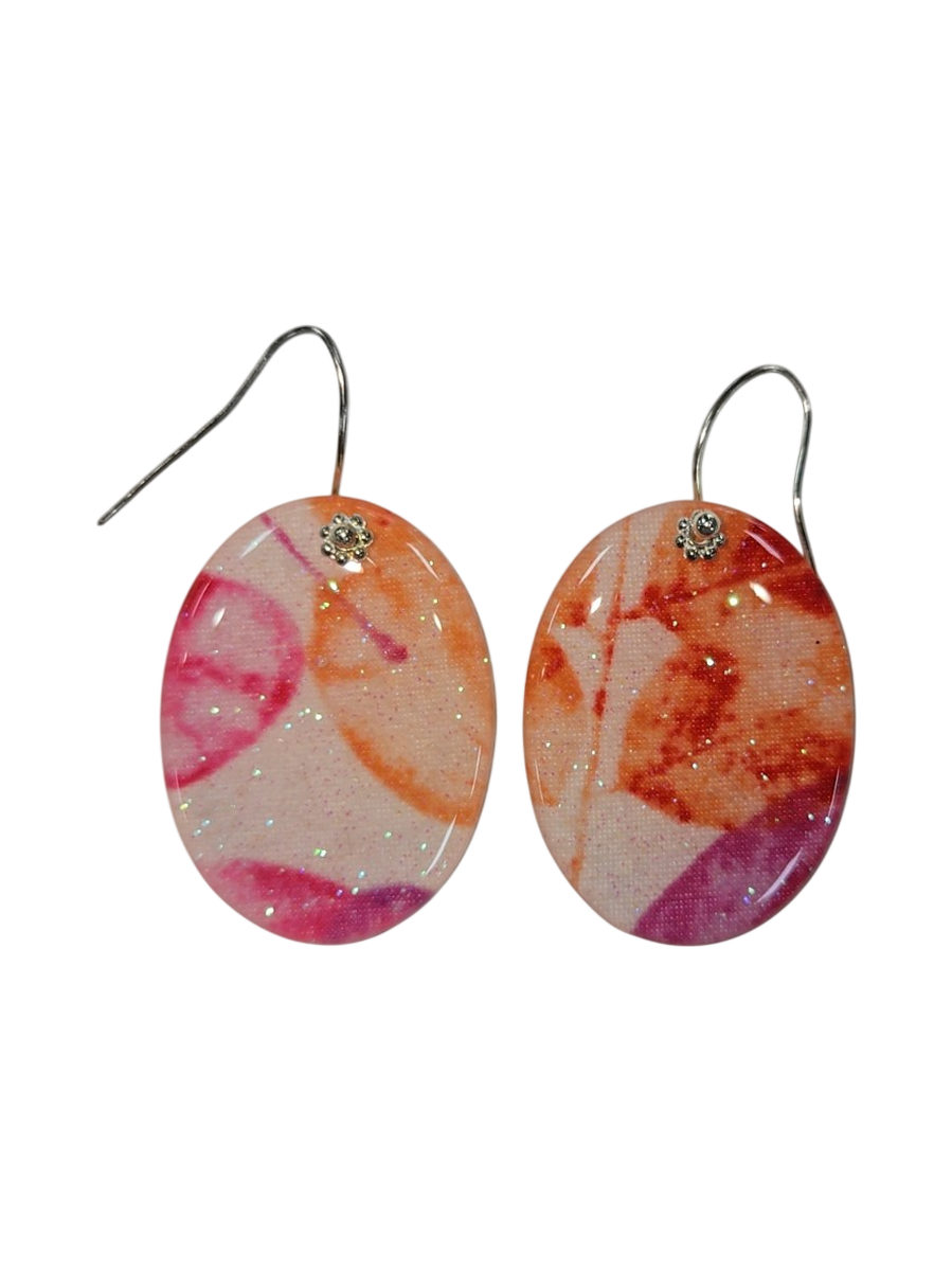 Handmade Fabric &amp; Resin Oval Drop Earrings – Pink &amp; Orange