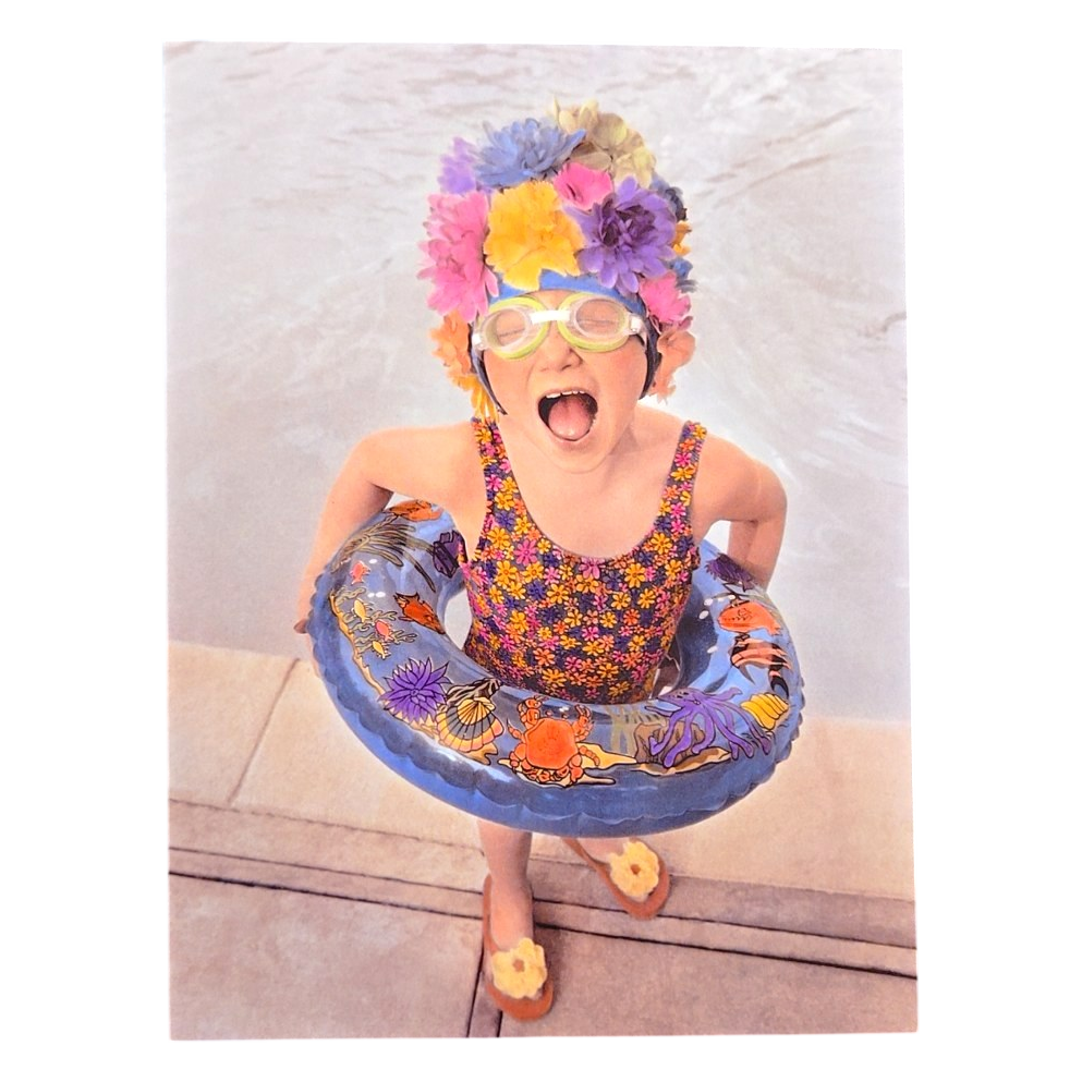 Excited Girl in Floral Swim Cap Greeting Card