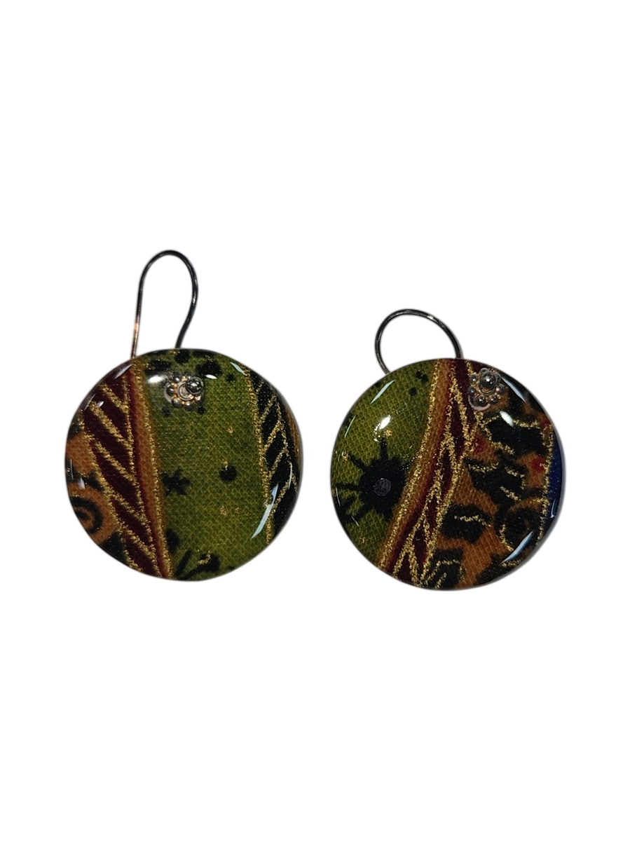 Handmade Fabric &amp; Resin Round Drop Earrings – Green Batik