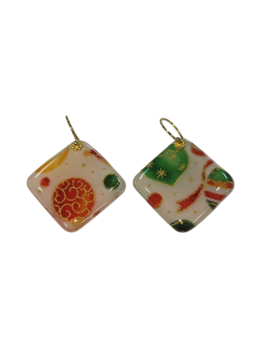 Handmade Christmas Ornament Fabric &amp; Resin Diamond Earrings