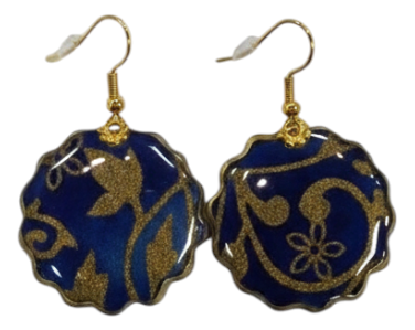 Navy &amp; Gold Floral Fabric Resin Round Drop Earrings