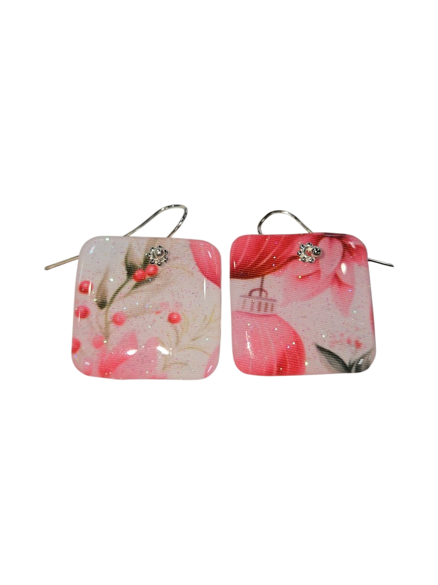 Floral Resin Square Drop Earrings – Pink Cherry Blossom