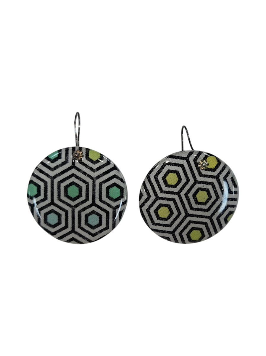 Geometric Hexagon Pattern Fabric &amp; Resin Round Drop Earrings