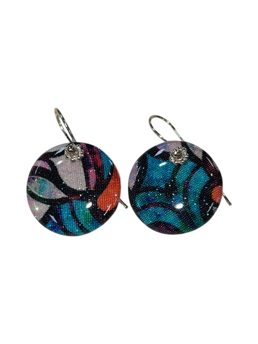 Handmade Fabric &amp; Resin Round Drop Earrings – Multicolor Swirl