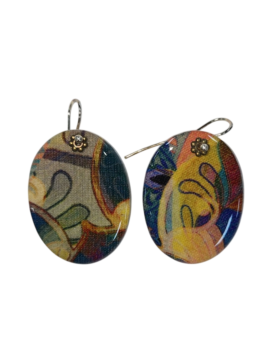 Handmade Abstract Art Fabric &amp; Resin Oval Drop Earrings