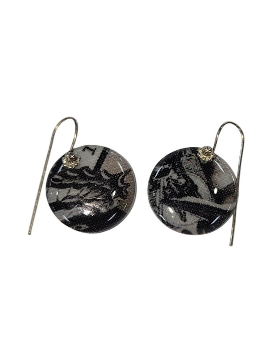 Handmade Fabric &amp; Resin Round Drop Earrings – Black &amp; White