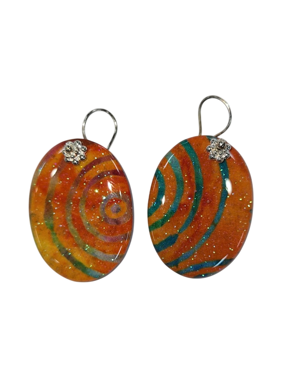 Handmade Resin &amp; Fabric Oval Swirl Earrings by Julie Treiman