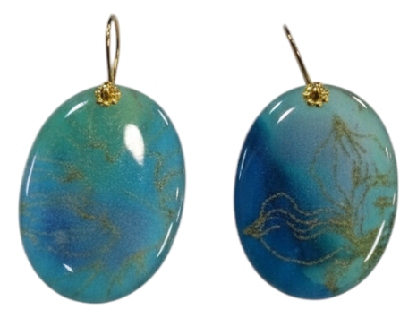 Handmade Fabric &amp; Resin Oval Drop Earrings – Teal Blue Marble
