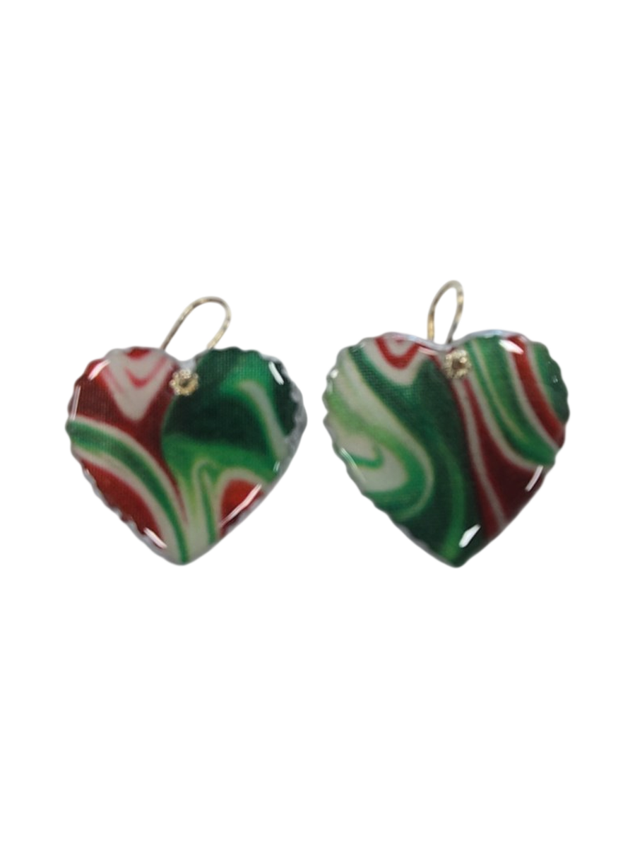 Handmade Heart Earrings – Red &amp; Green Marble Fabric Resin