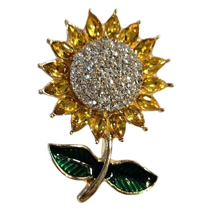 Sunflower Rhinestone Brooch Pin – Gold Tone with Crystal Center