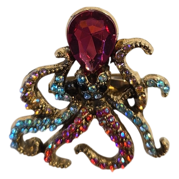 Octopus Rhinestone Brooch with Red Crystal Center