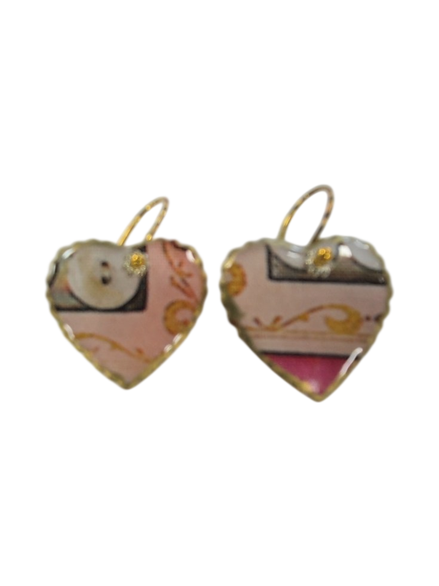 Handmade Heart Earrings by Julie Treiman – Pink &amp; Gold Fabric Resin