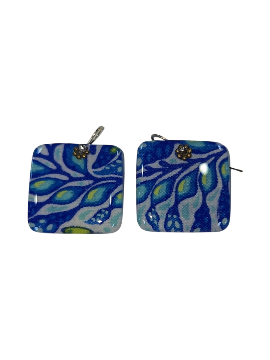 Handmade Blue Peacock Print Fabric &amp; Resin Square Drop Earrings