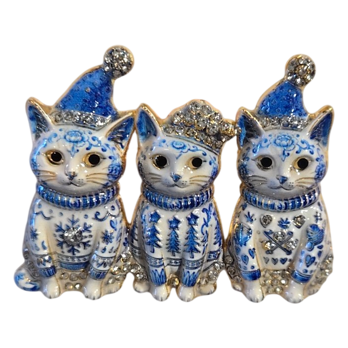Blue &amp; White Enamel Christmas Cat Trio Brooch with Rhinestones