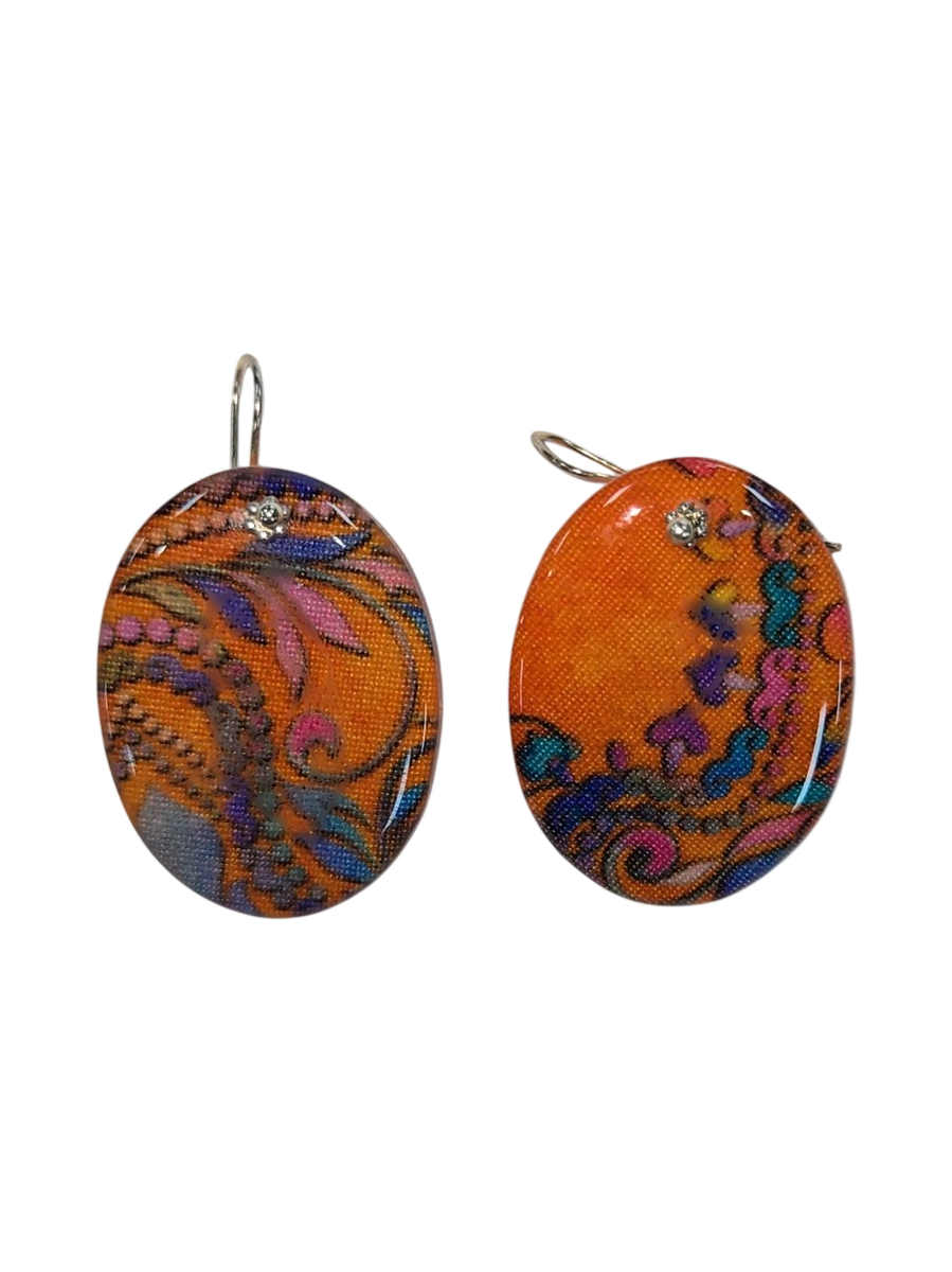 Handmade Fabric &amp; Resin Oval Drop Earrings – Orange Paisley
