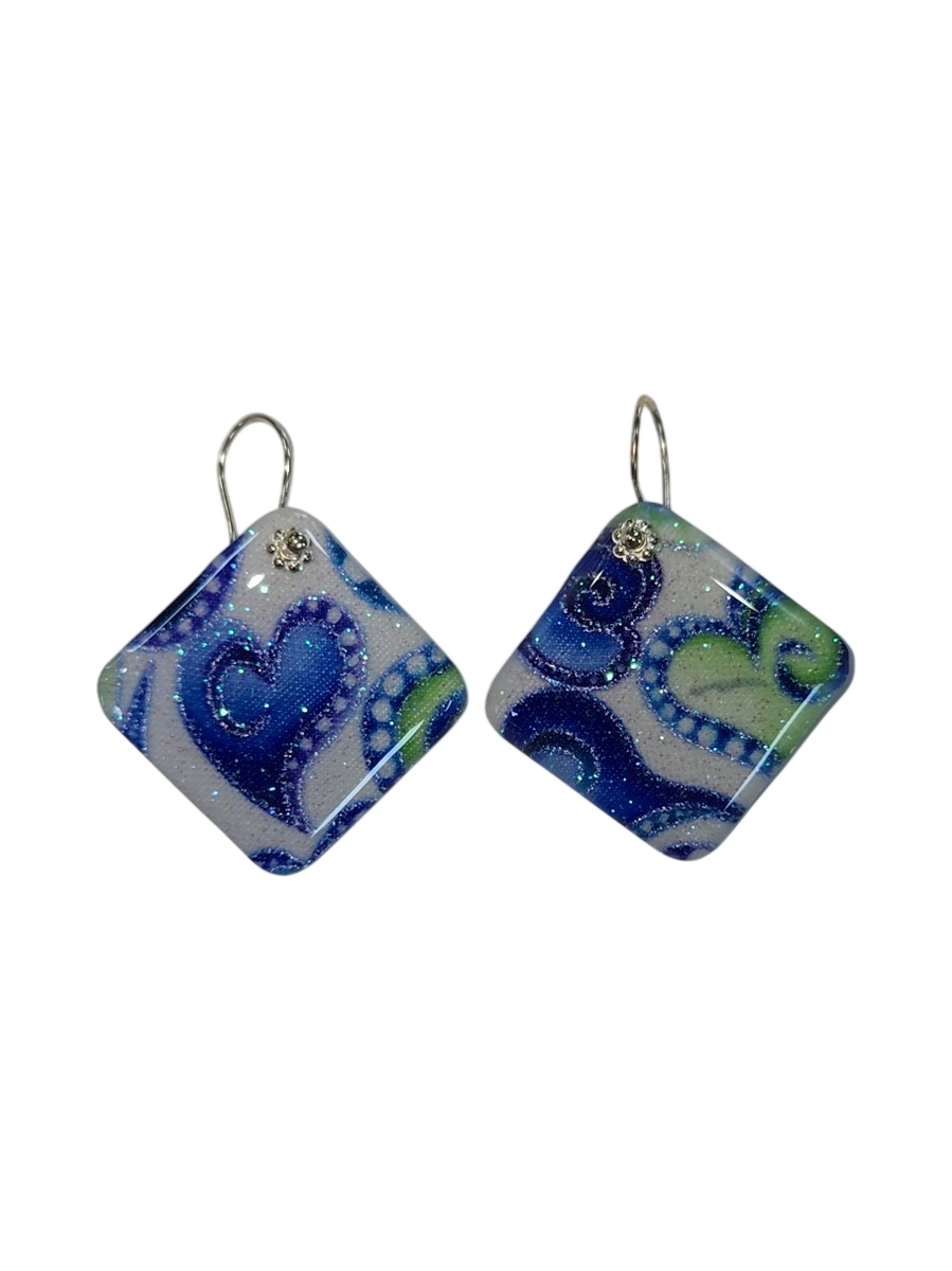 Handmade Blue Heart Paisley Resin &amp; Fabric Dangle Earrings