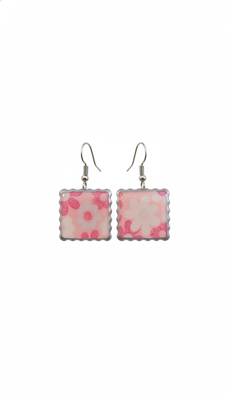 Pink Floral Square Drop Earrings