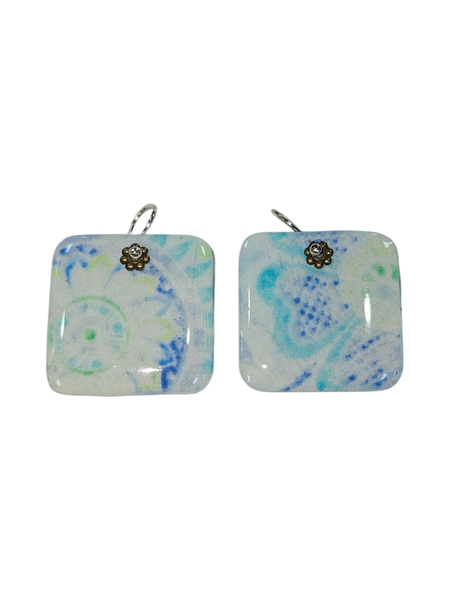 Handmade Fabric &amp; Resin Square Drop Earrings – Blue Paisley