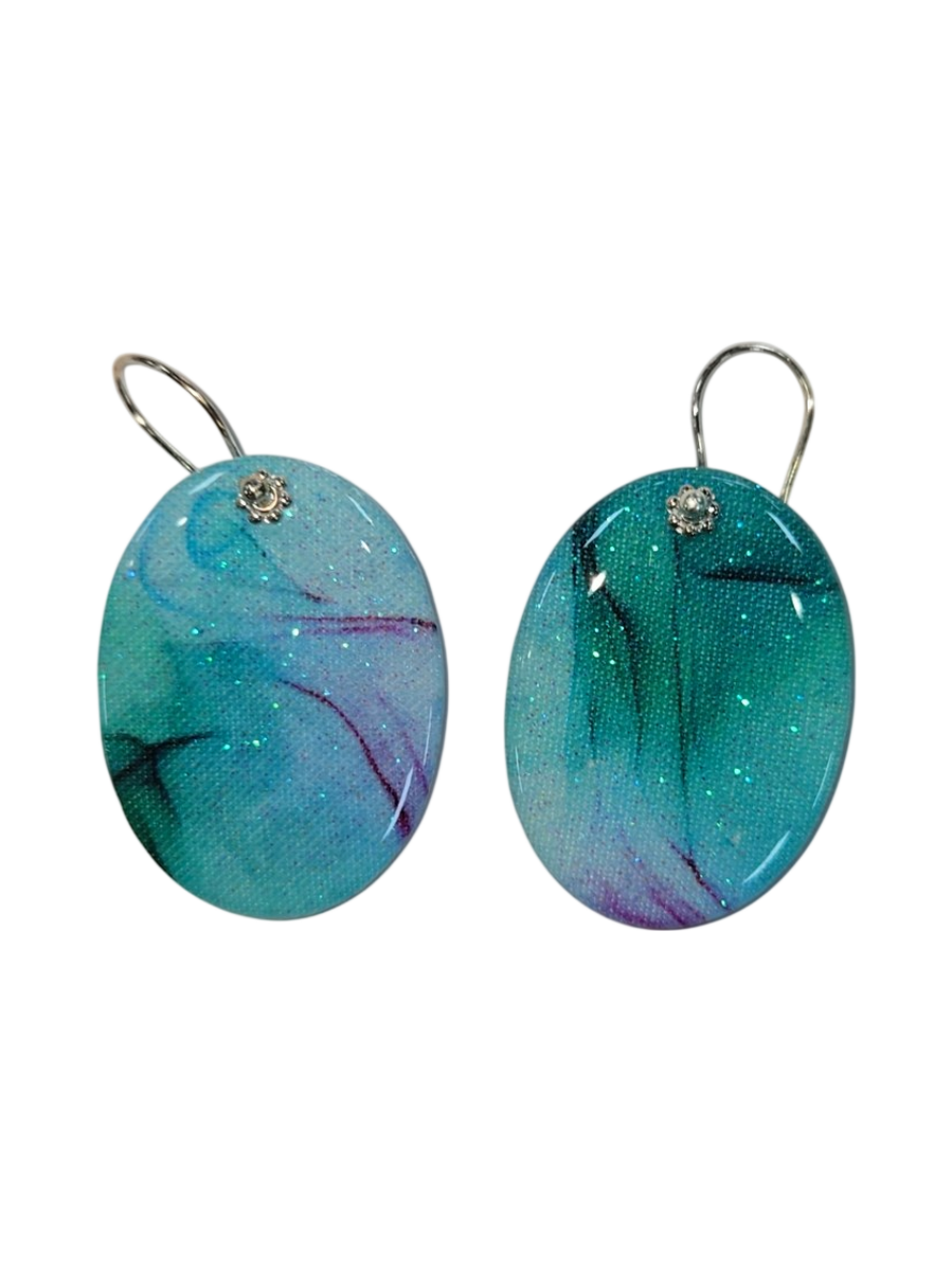 Handmade Teal &amp; Purple Marbled Oval Resin Earrings