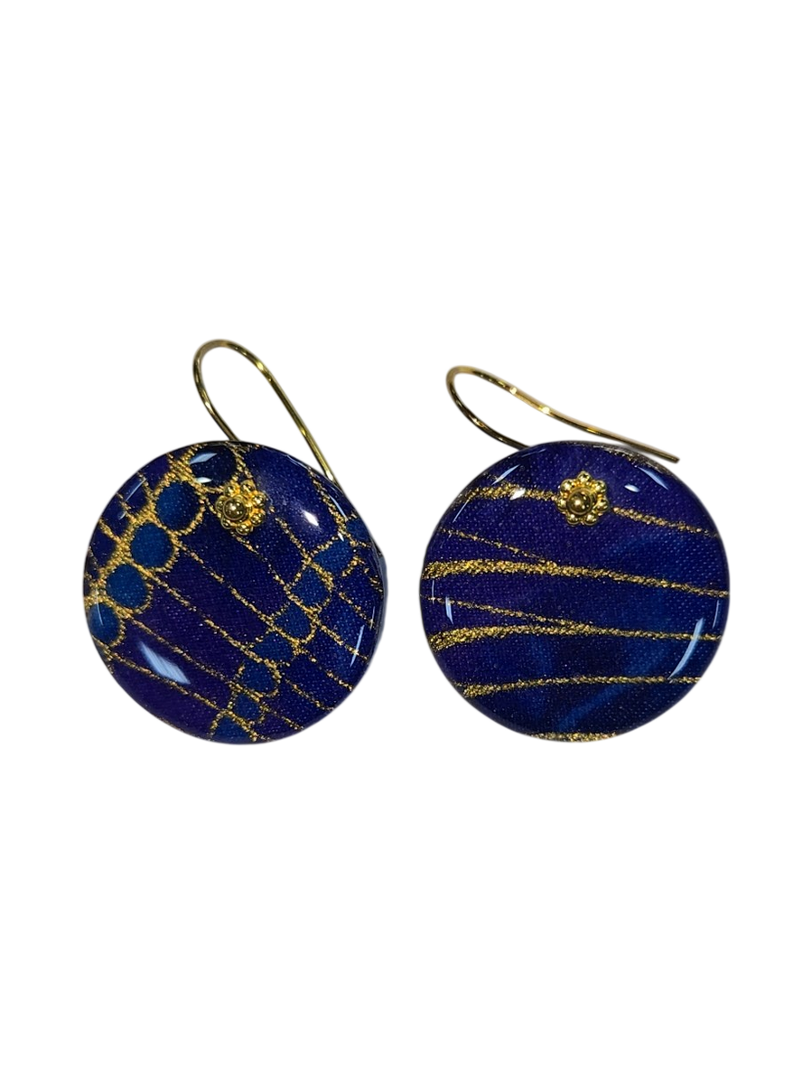 Blue &amp; Gold Fabric Resin Circle Drop Earrings