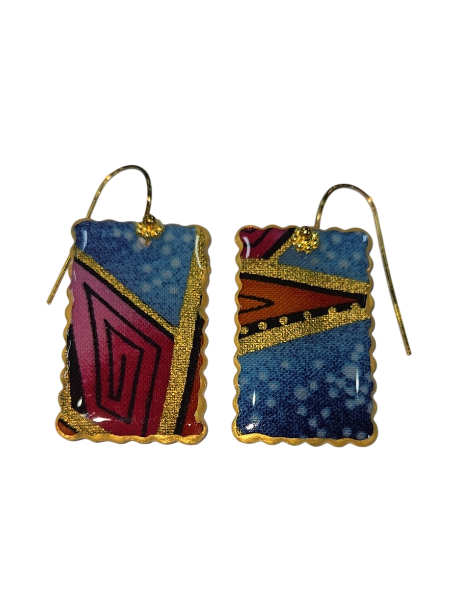 Colorful Abstract Fabric &amp; Resin Rectangle Drop Earrings