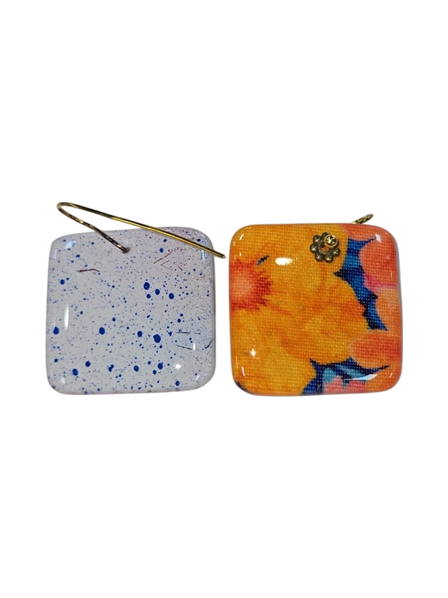 Handmade Floral Fabric &amp; Resin Square Drop Earrings