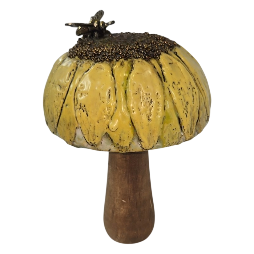 Encaustic Sunflower Mushroom Sculpture with Bee by Trish McFerran