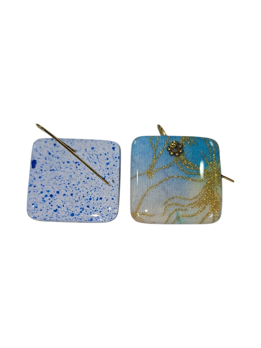 Handmade Resin &amp; Fabric Square Drop Earrings – Blue Gold Tree