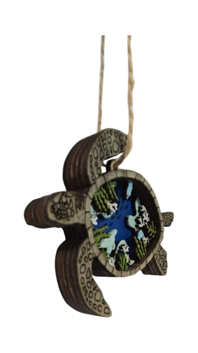 Layered Wood Sea Turtle Ornament with Ocean Scene