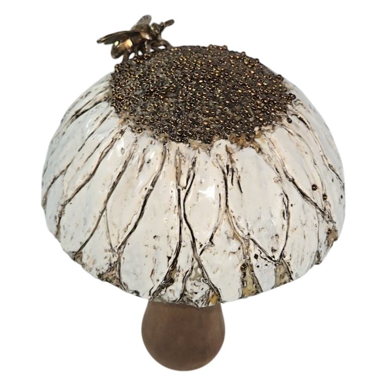 Encaustic Mushroom Sculpture with Brass Bee by Trish McFerran