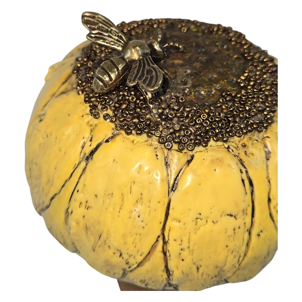Encaustic Sunflower Mushroom Sculpture with Bee by Trish McFerran
