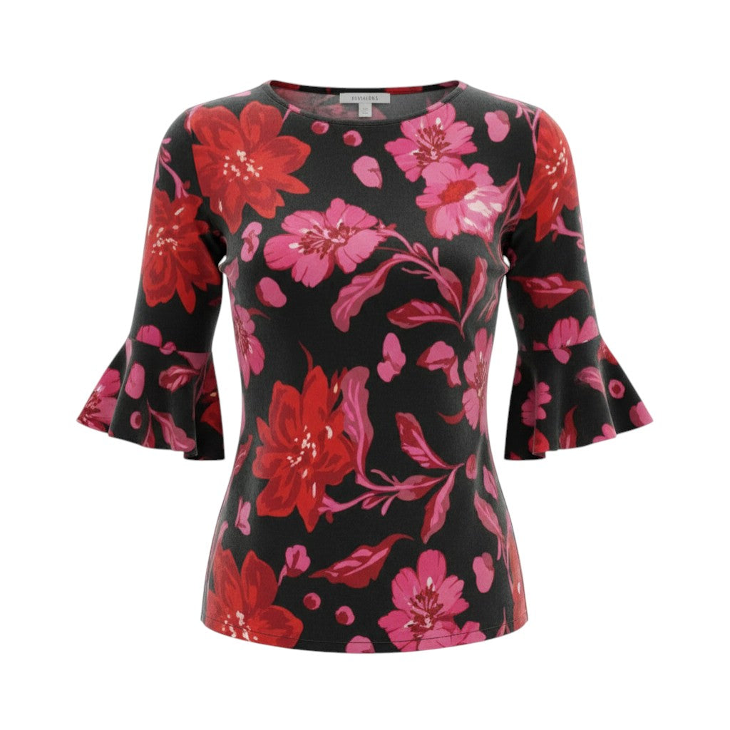 The Strawberry Shop La Mer Luxe Susan top in black with a vibrant floral print of pink and red flowers. Features 3/4 sleeves and a comfortable knit fabric.